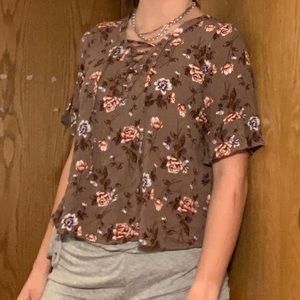 Lace Up Front Floral Blouse